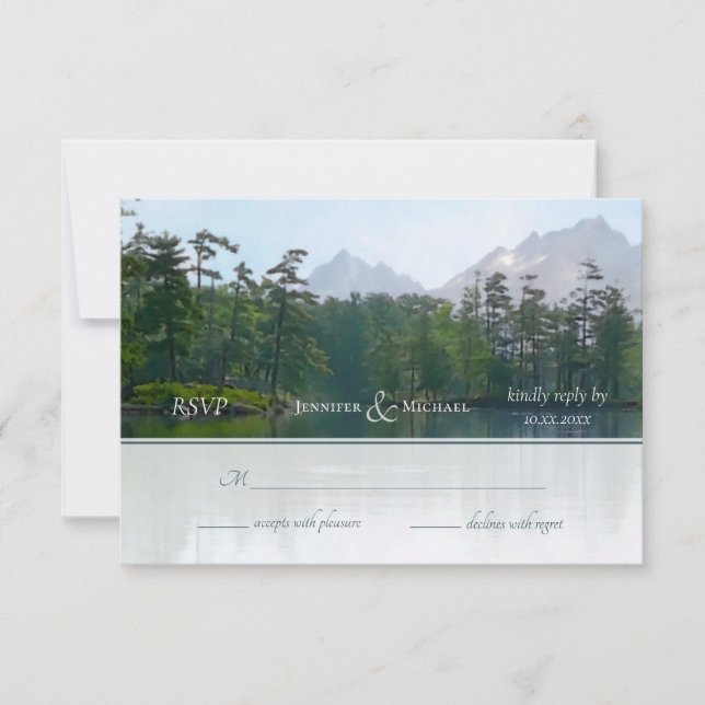 Lake in the mountains rustic nature wedding RSVP card (Front)