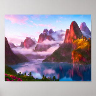 Lake landscape surrounded by mountains poster