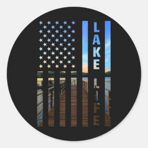 Lake Life American Flag Dock Sunset Power Boat Wak Classic Round Sticker