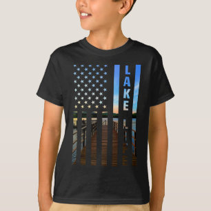 Lake Life American Flag Dock Sunset Power Boat Wak T-Shirt