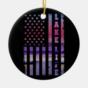 Lake Life American Flag Dock Sunset Wakeboarder Ceramic Tree Decoration