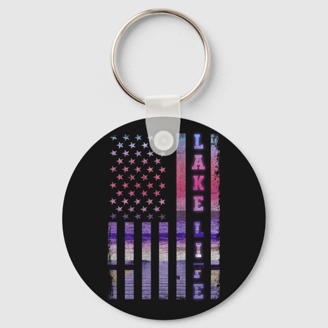Lake Life American Flag Dock Sunset Wakeboarder Key Ring (Front)