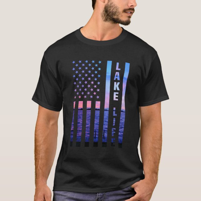 Lake Life American Flag Dock Sunset Wakeboarder Po T-Shirt (Front)