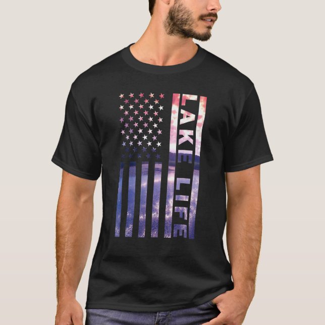Lake Life American Flag Dock Sunset Wakeboarder Po T-Shirt (Front)