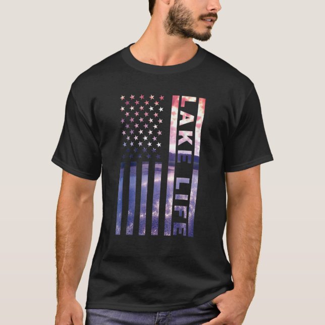 Lake Life American Flag Dock Sunset Wakeboarder Po T-Shirt (Front)