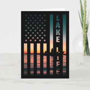 Lake Life Fisherman Sunset American Flag B Fishing Card