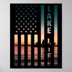 Lake Life Fisherman Sunset American Flag B Fishing Poster