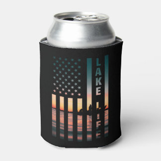 Lake Life Fisherman Sunset American Flag Bass Fish Can Cooler