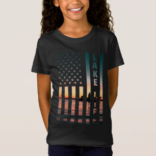 Lake Life Fisherman Sunset American Flag Bass Fish T-Shirt