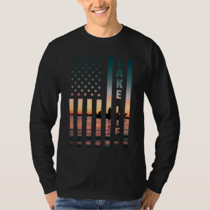 Lake Life Fisherman Sunset American Flag Bass Fish T-Shirt
