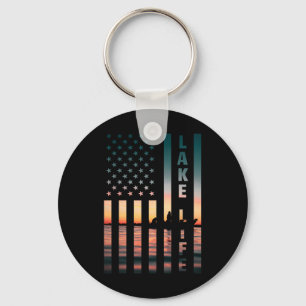 Lake Life Fisherman Sunset American Flag Byss Fish Key Ring