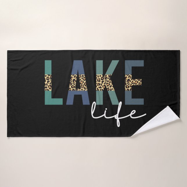 Lake Life Happy Place Cheetah Print Typography Bath Towel (Bath Towel)