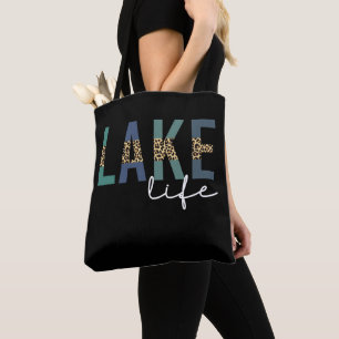 Lake Life Happy Place Cheetah Print Typography Tote Bag