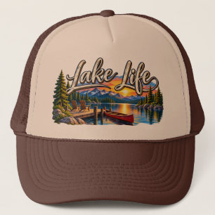 Lake Life Mountain Canoe Sunset Trucker Hat
