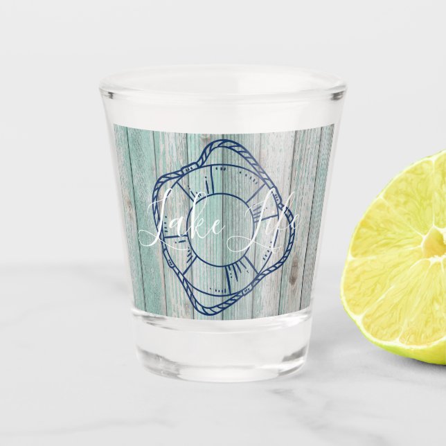 Lake Life & Preserver Blue Wood  Shot Glass (Front)