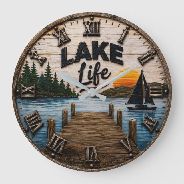 Lake Life Rustic Dock Lake House & Cabin Sunset Large Clock (Front)