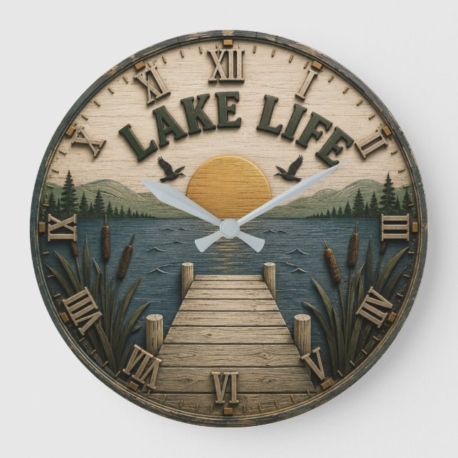 Lake Life Sunset Dock Rustic Lake House Large Clock (Front)
