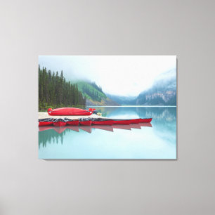 Lake Louise Canoes on Misty Day Canvas Print