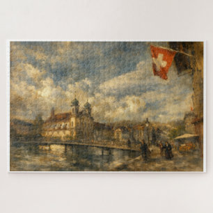 Lake Lucerne Swiss Flag & Jesuit Church Art Puzzle