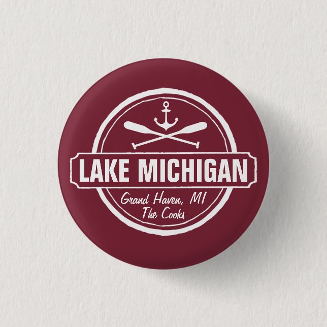 Lake Michigan, custom town, name, anchor, paddles 3 Cm Round Badge (Front)