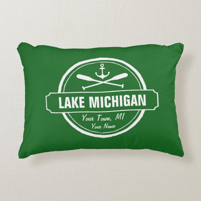 Lake Michigan, custom town, name, anchor, paddles Decorative Cushion (Front)