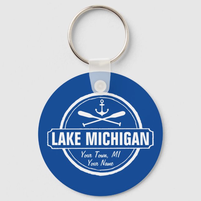 Lake Michigan, custom town, name, anchor, paddles Key Ring (Front)