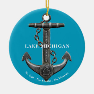 Lake Michigan Patriotic distressed anchor pirate  Ceramic Tree Decoration