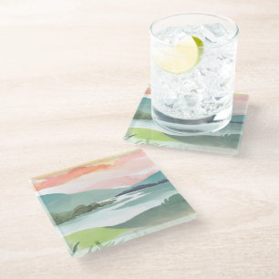 Lake Morning Sunrise Watercolor Nature Glass Coaster