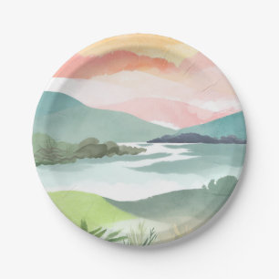 Lake Morning Sunrise Watercolor Nature Paper Plate