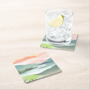 Lake Morning Sunrise Watercolor Nature Square Paper Coaster