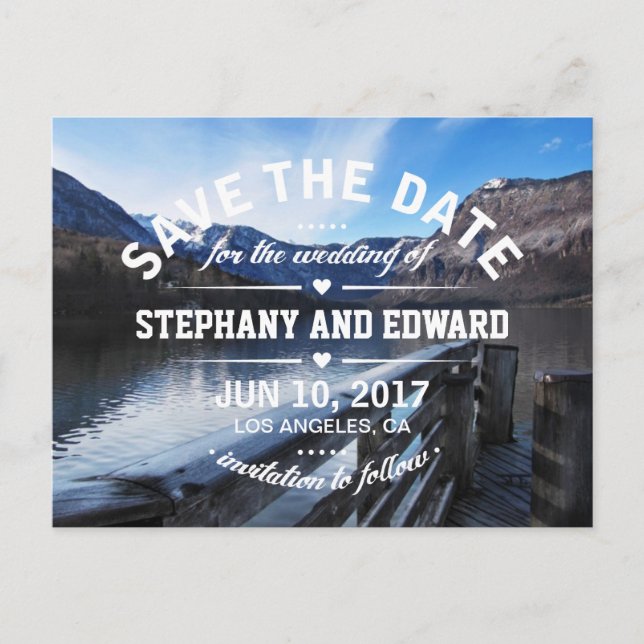 Lake Mountains Stylish Save the Date Postcard (Front)