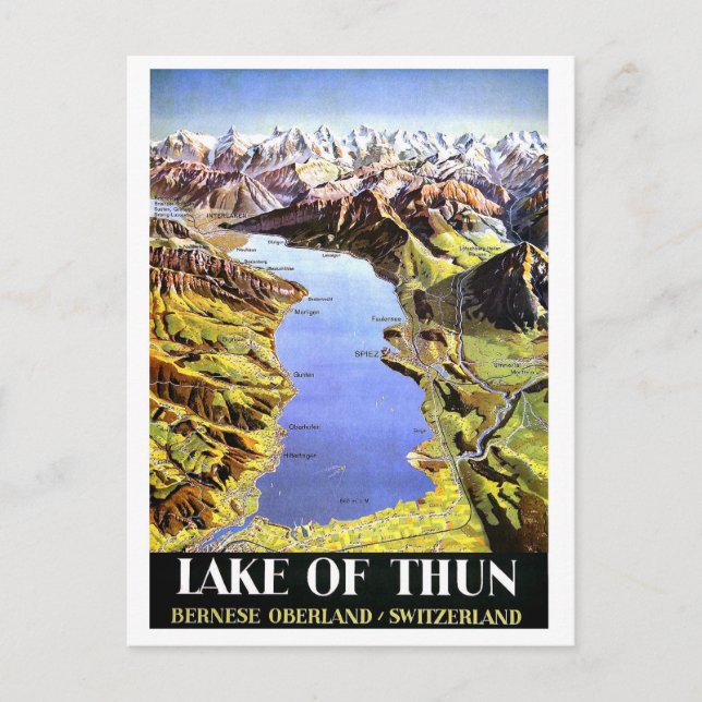 Lake of Thun map, Bernese Oberland, Switzerland Postcard (Front)