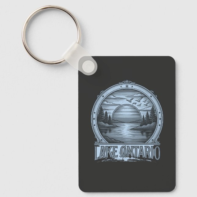 Lake Ontario Etching‑Style | Blue & Grayscale Key Ring (Front)