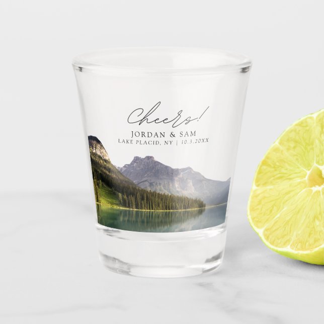 Lake Placid Photo Wedding Favour Cheers Shot Glass (Front)