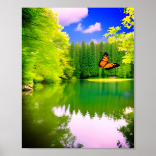 Lake pond green garden brown butterfly ai art poster