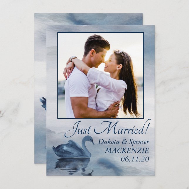 Lake Reflections | Dusty Blue Swan Photo Wedding Announcement (Front/Back)