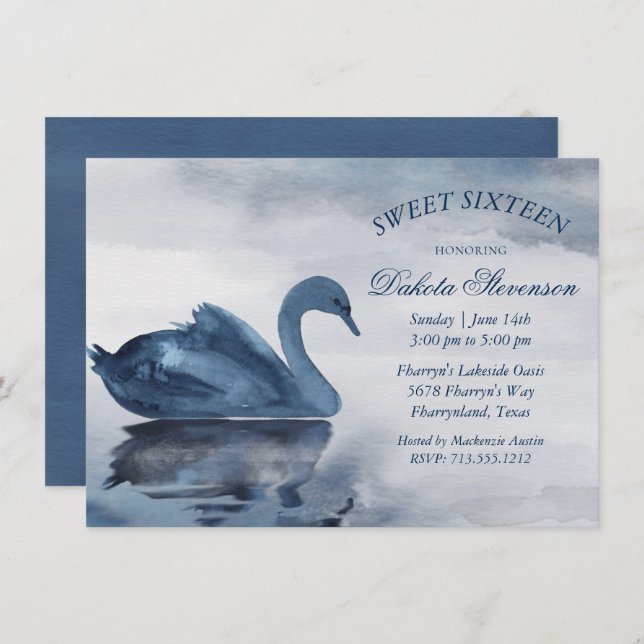 Lake Reflections | Dusty Blue Swan Sweet 16 Party Invitation (Front/Back)