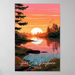 Lake Sam Rayburn Texas vintage travel illustration Poster