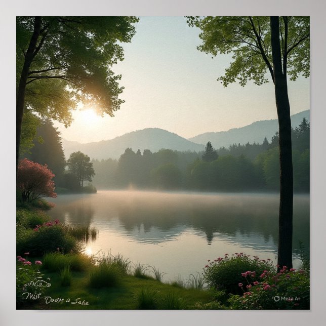 Lake Shore Emergence: Clearing Mist Revealing Land Poster (Front)