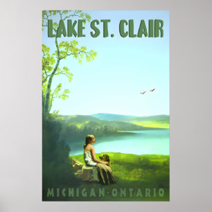 Lake St Clair Michigan Ontario Retro Travel Poster