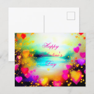 Lake sunset and hearts valentine postcard