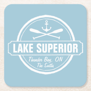 Lake Superior, custom town, name, anchor, paddles Square Paper Coaster