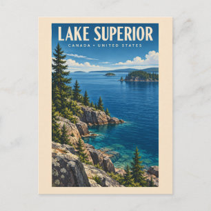 Lake Superior Illustration Travel Art Vintage Postcard