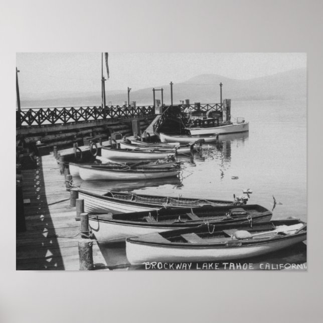 Lake Tahoe, CA - Wooden Boats along Dock Photo Poster (Front)