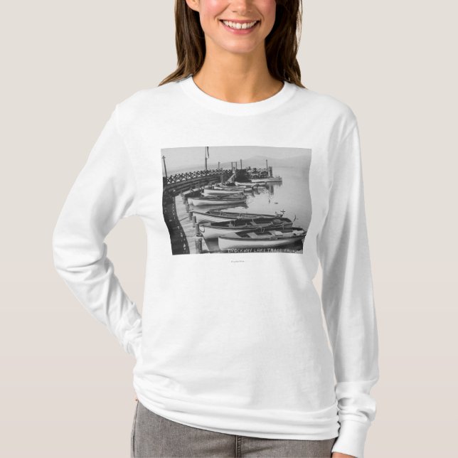 Lake Tahoe, CA - Wooden Boats along Dock Photo T-Shirt (Front)