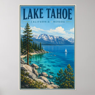 Lake Tahoe California Nevada Illustration Travel Poster