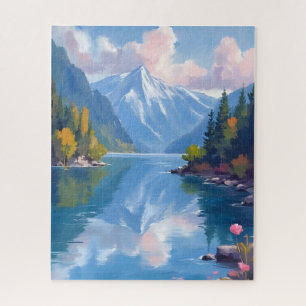 Lake Tahoe Mountains Watercolor Nature Painting Jigsaw Puzzle