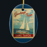Lake Tahoe Sailboat Vintage Travel California Ceramic Tree Decoration<br><div class="desc">This Greetings From Lake Tahoe California vintage travel nautical design features a boat sailing on the water with seagulls and a blue sky filled with gorgeous puffy white clouds.</div>