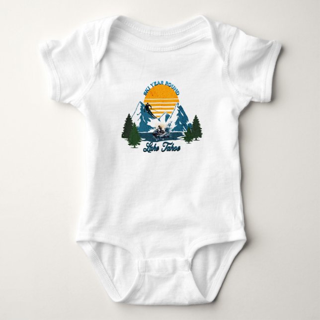 Lake Tahoe: Ski Year Round, Snow Ski and Water Ski Baby Bodysuit (Front)