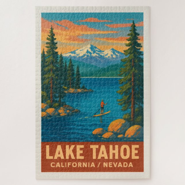 Lake Tahoe Vintage Travel (Red) Poster Jigsaw Puzzle (Vertical)